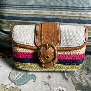 Vintage Coach Natural Multi-colors Straw Bag w/Leather Trim NNT